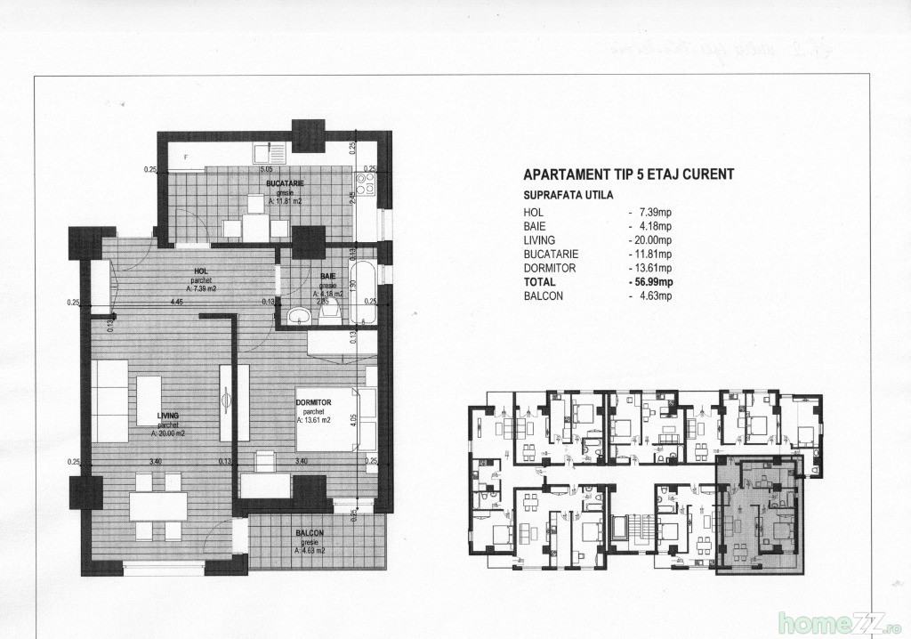 Zamca-Bloc Nou- 2 camere decomandat,56,99mp