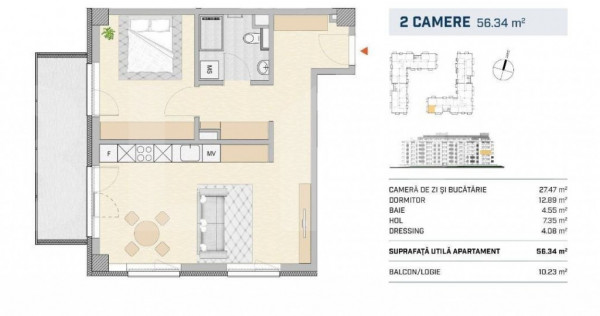 Apartament 2 camere, finisat, orientare SUD-VEST, SEMICENTRA