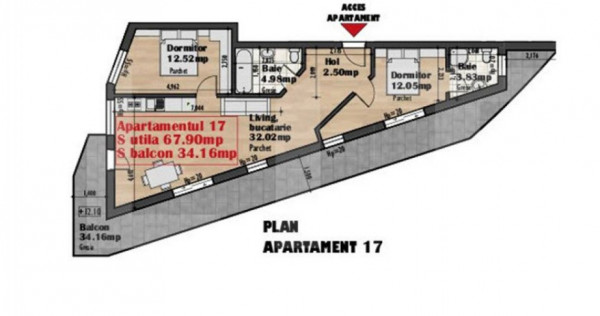 Vanzare apartament de 3 camere, 68 mp, TERASA de 34.mp