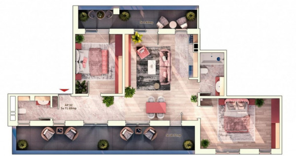 Apartament 3 camere, 2 bai, 71 mp, 28 mp balcon, parcare sub