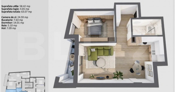 Apartament de 2 camere, bloc premium, etaj intermediar, Zona