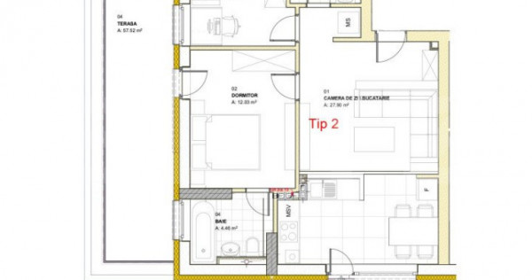 Apartament cu 3 camere, 55,51 mp, terasa 57,52 mp, balcon, z
