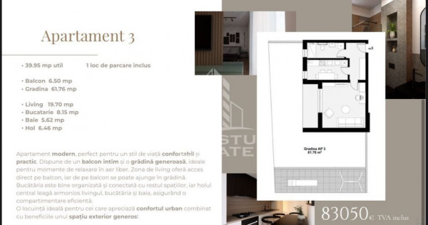 Apartament cu o camera, decomandat, gradina de 62 mp, zon...