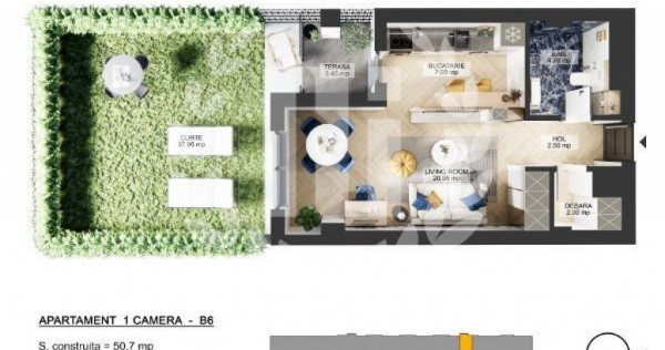 Apartament 1 camera zona de Nord - 43.09 mp utili si curte