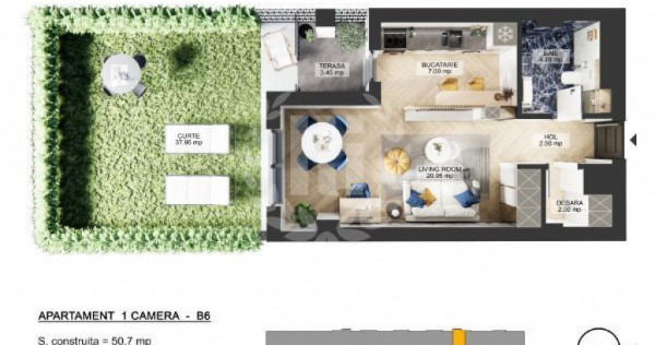 Apartament 1 camera zona de Nord - 43.09 mp utili si curte