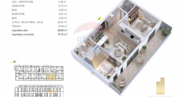 Apartament cu 3 camere, terasă 20 mp, etaj 5 Capitolis R...