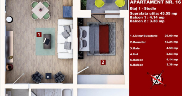 Studio 45 mp + 2 balcoane