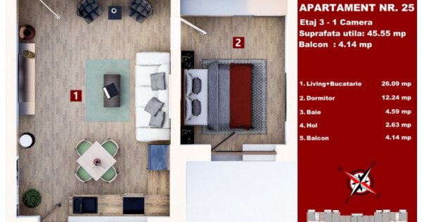 Studio 45 mp +balcon