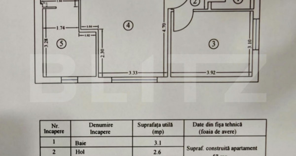 Apartament 2 camere, 45.50 mp, pregătit pentru amenajare, z