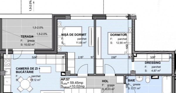 Apartament 3 camere semidecomandat 59.45mp, Semifinisat, Est