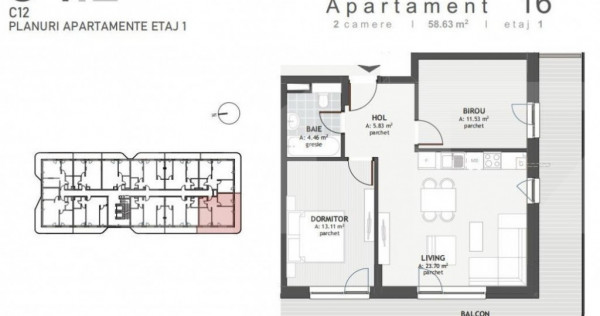 Apartament 2 camere, 58,63 mp+ terasa de 28 de mp in Florest