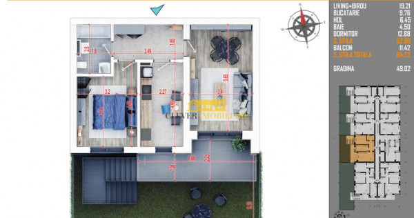 Apartament 2 camere-Gradina 49 mp-Parcare Bonus-Th. Pallady