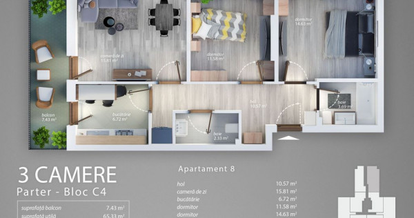 Apartament 3 Camere Decomandat Sector 4 Grand Arena 71.28Mp