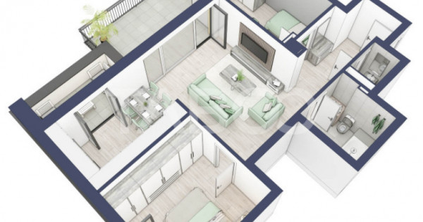 Apartament 66 mp utili 3 camere 2 bai etaj 3 in bloc cu lift