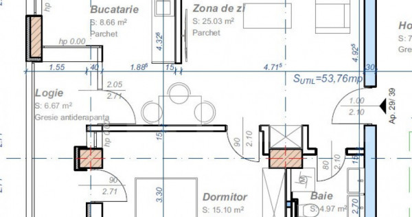 Apartament cu 2 camere, semidecomandat, 53 mp utili, logie 6