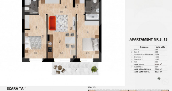 Apartament 3 camere 64 mp, Zorilor, l&acirc;ngă liceul Waldorf,