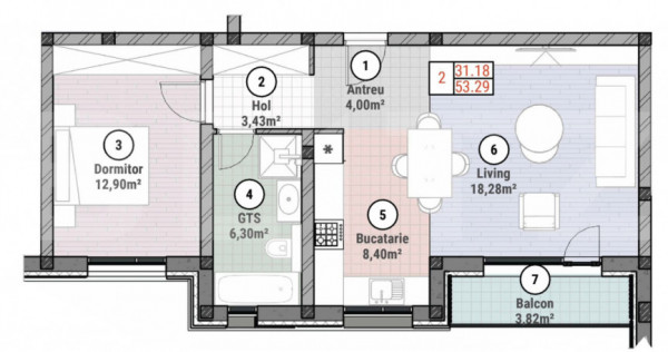 Apartament cu 2 camere 62 mp utili