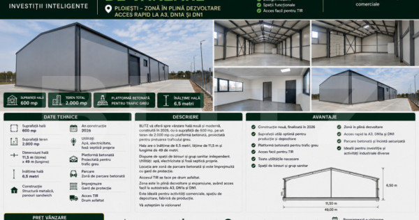 Hala moderna 600 mp,platforma betonata 2000 mp cu acces faci