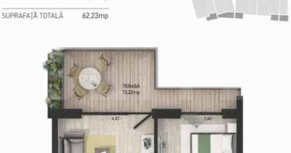 Apartament cu 2 camere, 49 mp, terasa 13 mp, zona Semicentra