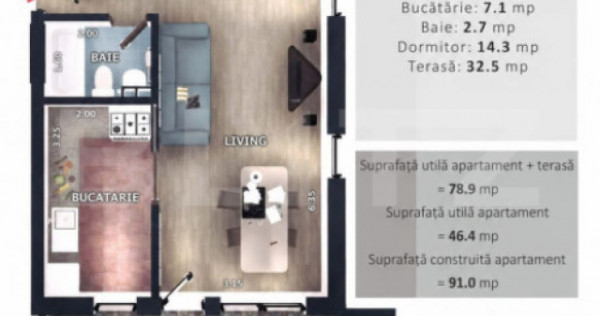 Apartament 2 camere, decomandat, CF, terasa, parcare subtera