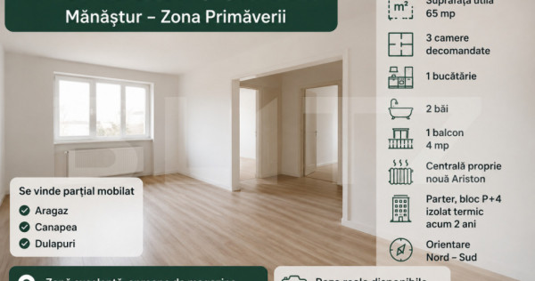 Apartament 3 camere, 65 mp, decomandat, 2 bai, zona Primăve