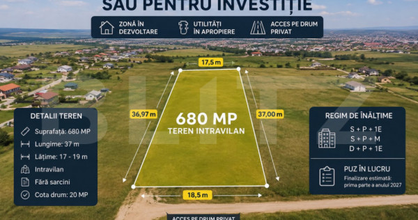 Teren intravilan 680 mp, PUZ in lucru, toate utilitățile,