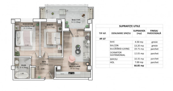 Apartament 3 camere, 66.85 mp, zona Galata
