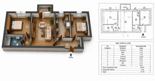 Apartament TĂTĂRAȘI SUD | 3 camere, semidecomandat, 52...