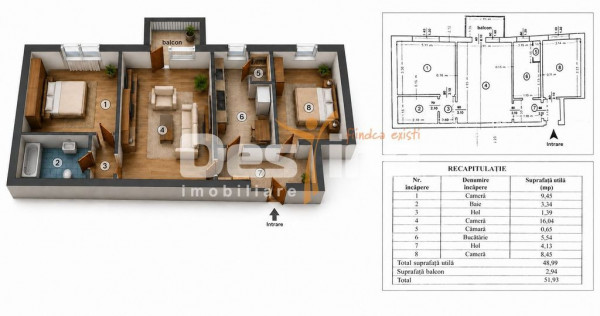 Apartament TĂTĂRAȘI SUD | 3 camere, semidecomandat, 52...