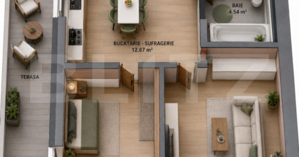 Apartament 2 camere, 56.96 mp + balcon 17 mp, zona Tudor