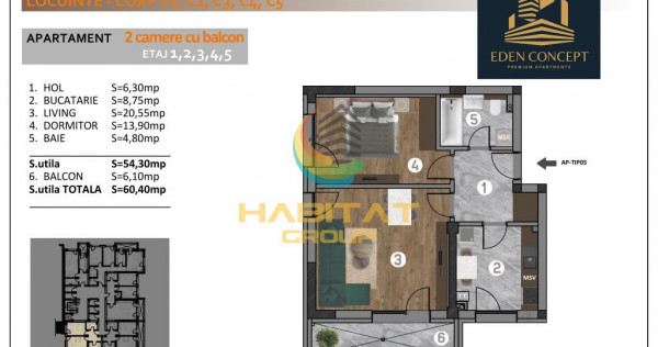 Apartament 2 camere + balcon in Popesti Leordeni