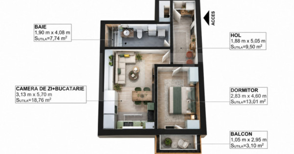 Apartament 2 camere, 50.82 mp, zona Libertatii