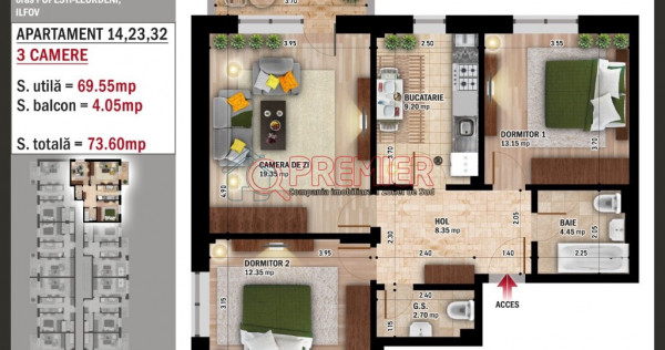 Popesti-Leordeni apartament 3 camere decomandat
