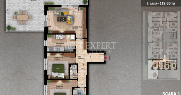 Apartament 3 camere finalizat cu terasa 46 mp