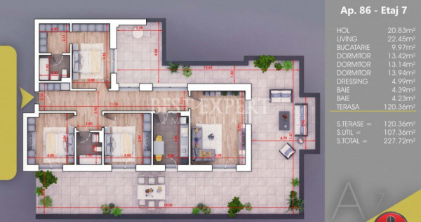 Apartament superb 4 camere cu terasa 120 mp Loc de parcare S