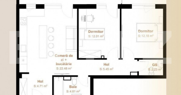 Apartament 3 camere, 63,87 mp + balcon 12,53, zona Vivo