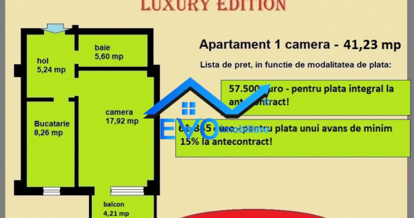 Apartament 1 camera, 41,23 mp, decomandat, de in Galata Ias