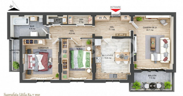 Apartament spatios 85 mpu cu 3 camere 2 balcoane 2 bai in Si