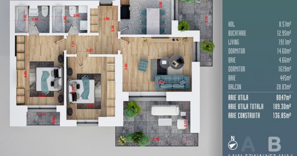 Apartament 3 camere cu terasa Auchan Titan