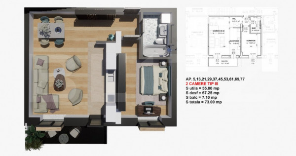 Comision 0% la cumparator! Apartament 2 camere, 63 mp, Satin