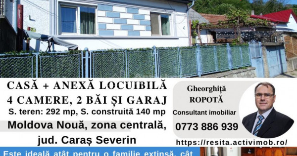 MOLDOVA NOUA, zona centrala, Casa 4 camere, 2 bai si garaj