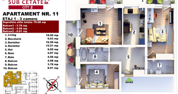 3 camere la mansarda 77 mp utili+terase si cu credite bancare