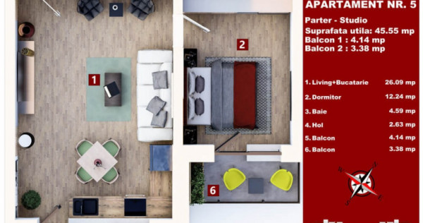 Studio 45 mp + 2 balcoane
