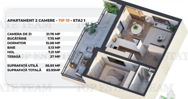 Apartament 2 camere, Terasa 27mp, Rahova
