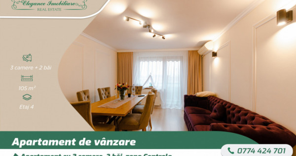 Apartament cu 3 camere, 2 băi, zona Centrala, Arad