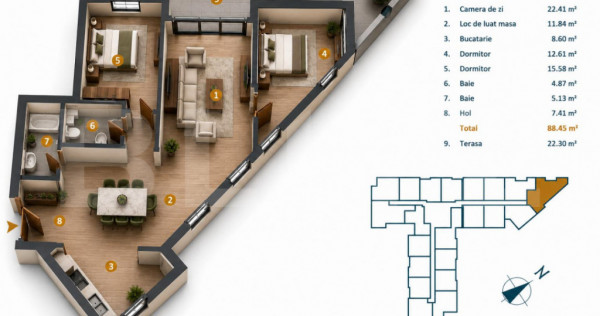 Apartament 3 camere, 88.2 mp, bloc nou cu CF, terasa 28,5 mp