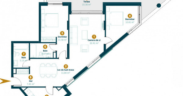 Apartament 3 camere 88,2 mp, terasa 28,9, ansamblu Intre Lac
