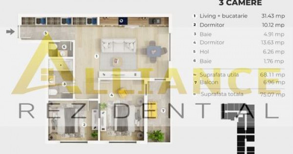 De vanzare | 3 camere | 2 bai | 75,07 mp | Siena Residence | 5 minute