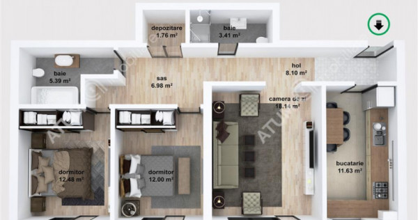 Apartament cu 3 camere decomandate 80 mp utili etaj 1 de i