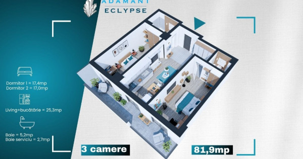 ADAMANT ECLYPSE, 3 camere openspace, TIP 3A, 81.9mp, CUG-BRD - Iasi